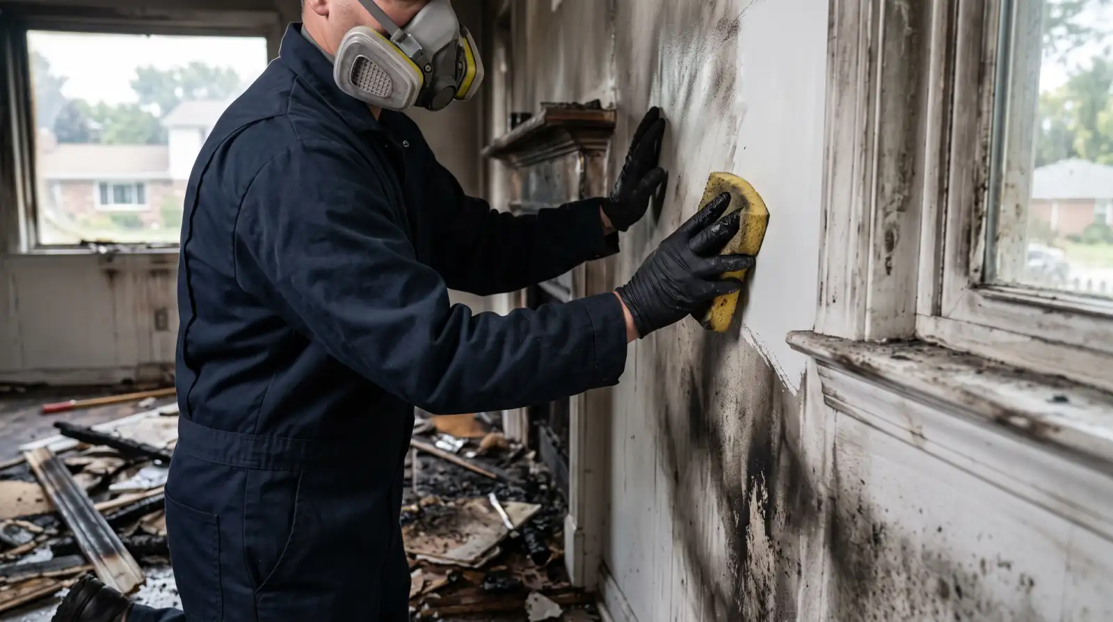 Restoration technician cleaning soot and smoke damage after a house fire in Olney, TX