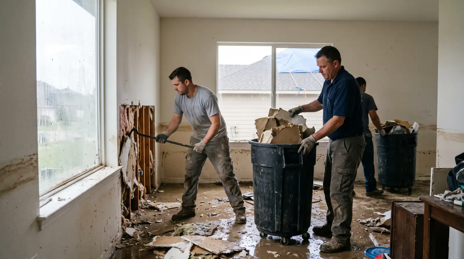 Crew removing water and debris from a flood-damaged home in Olney, TX