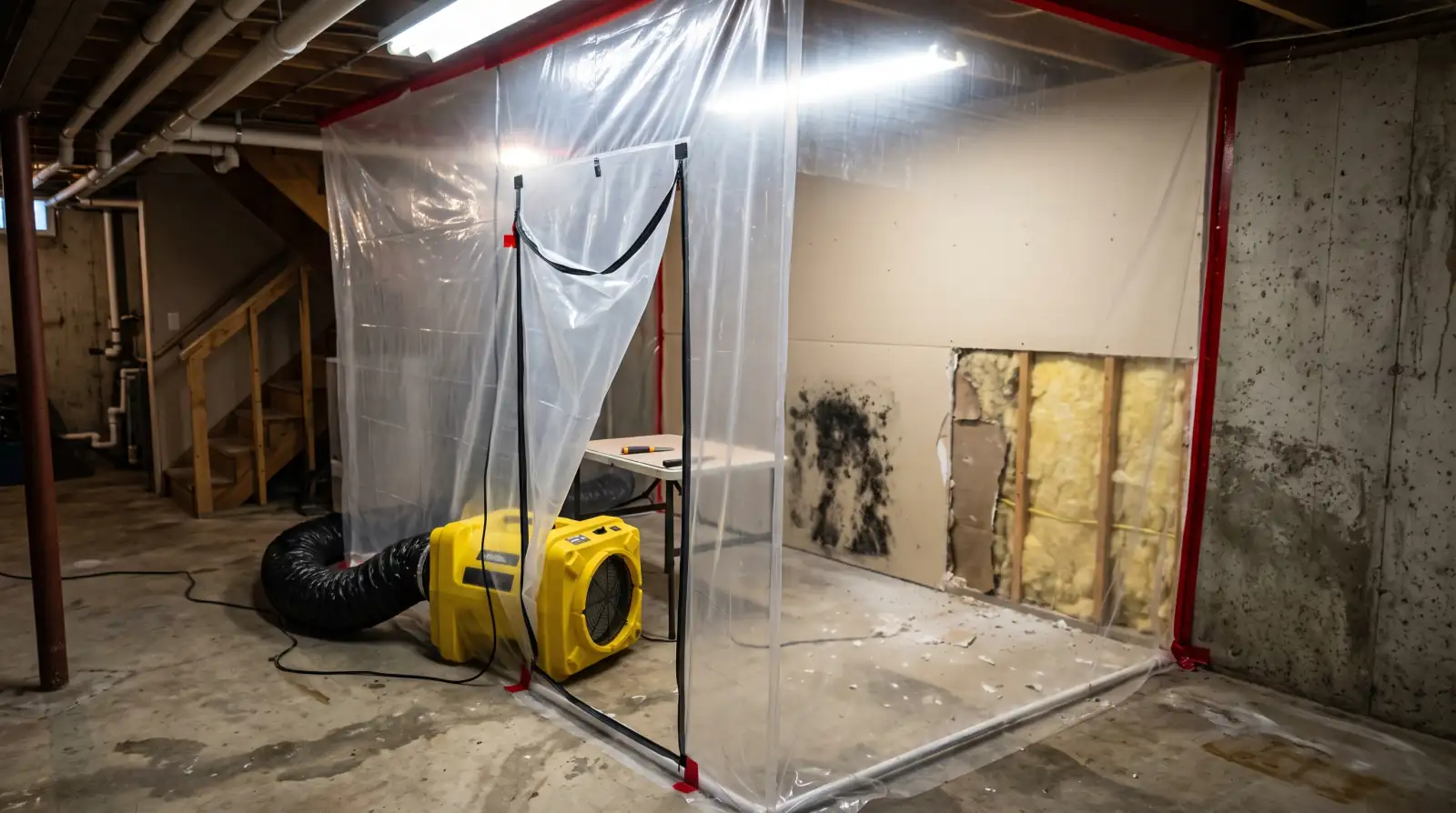 Containment barrier and air scrubber set up for mold remediation in Olney, TX