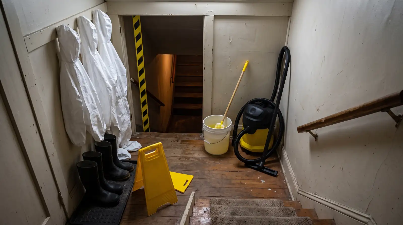 Protective gear and cleaning equipment staged for a sewage backup cleanup in Olney, TX